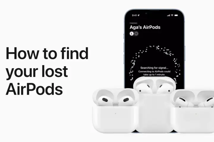 Trzy białe etui z otwartymi klapkami i słuchawkami AirPods, obok telefonu z aplikacją Znajdź.