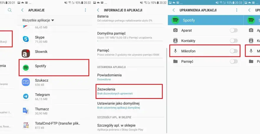 Ekran telefonu z zaznaczonymi uprawnieniami aplikacji Spotify do korzystania z mikrofonu.