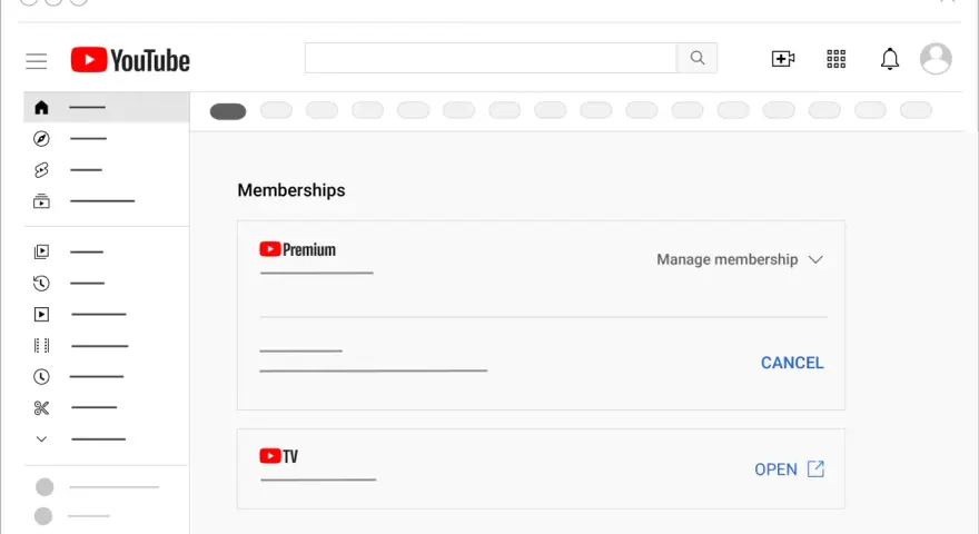 Ekran YouTube z sekcją "Memberships" pokazującą opcję anulowania YouTube Premium.
