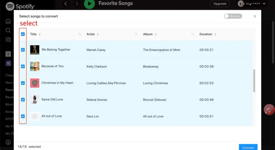 Lista utworów Spotify z zaznaczonymi do pobrania piosenkami.