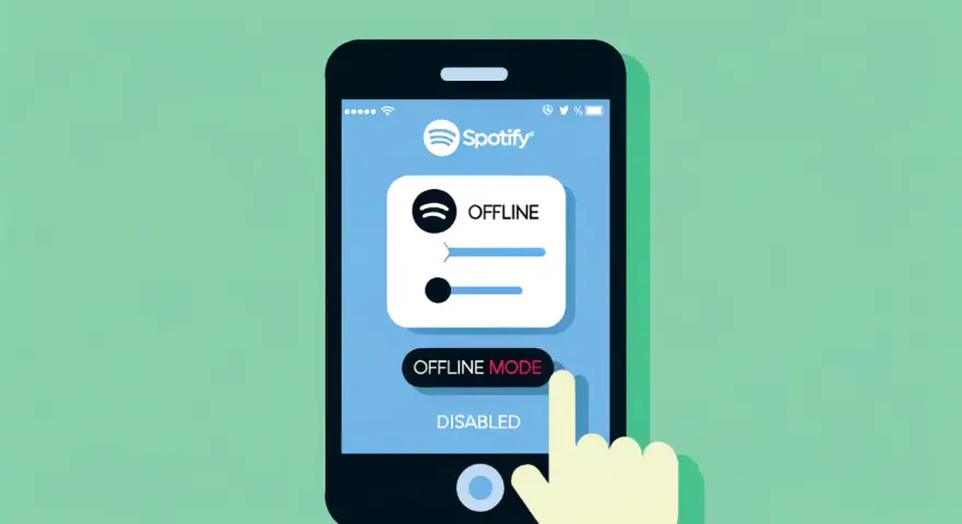 Dłoń dotyka przycisku "Offline Mode" na ekranie telefonu z aplikacją Spotify w trybie offline.