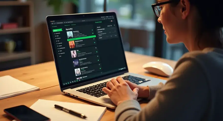 Kobieta w okularach pracuje na laptopie z otwartym Spotify.