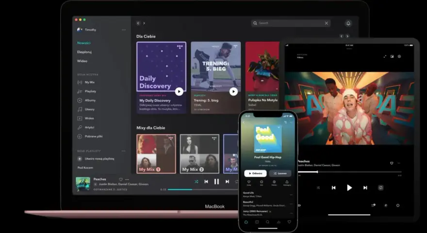 Ekran laptopa, tabletu i telefonu z interfejsem aplikacji Tidal.