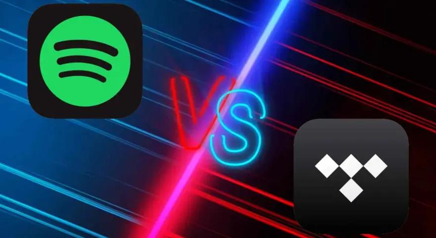Logo Spotify i Tidal na tle neonowego napisu VS.