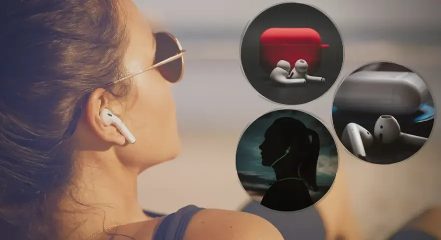 Kobieta z AirPods w uchu, obok okręgi z etui i słuchawkami.