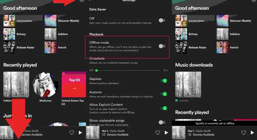 Ekran aplikacji Spotify z włączonym trybem offline.
