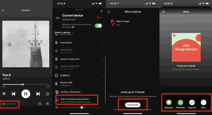 Trzy ekrany aplikacji Spotify pokazujące opcje udostępniania sesji grupowej.