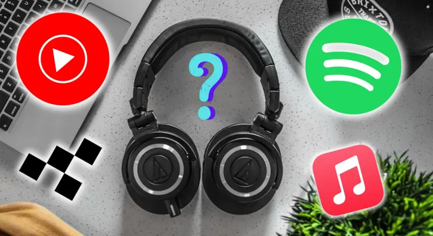 Słuchawki z logotypami YouTube, Spotify, Apple Music i znakiem zapytania.