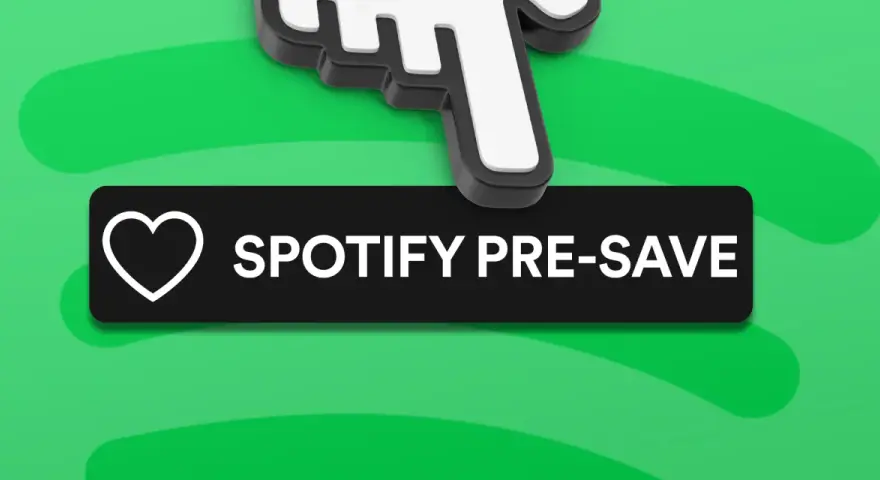 Ikona kursora myszy nad przyciskiem "Spotify Pre-Save" na zielonym tle.
