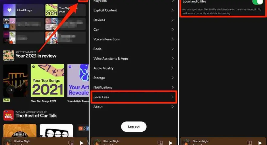 Zrzuty ekranu Spotify pokazujące ustawienia plików lokalnych.
