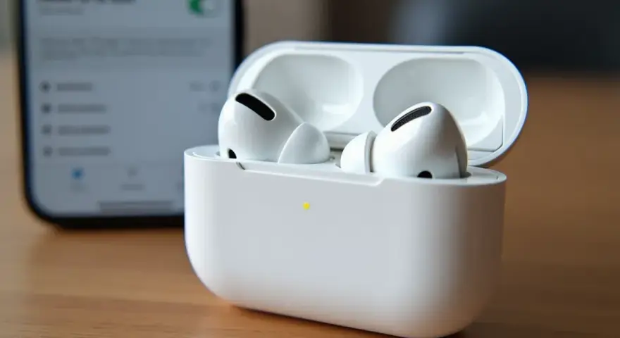 Białe słuchawki AirPods Pro w etui, obok wygaszonego ekranu telefonu.
