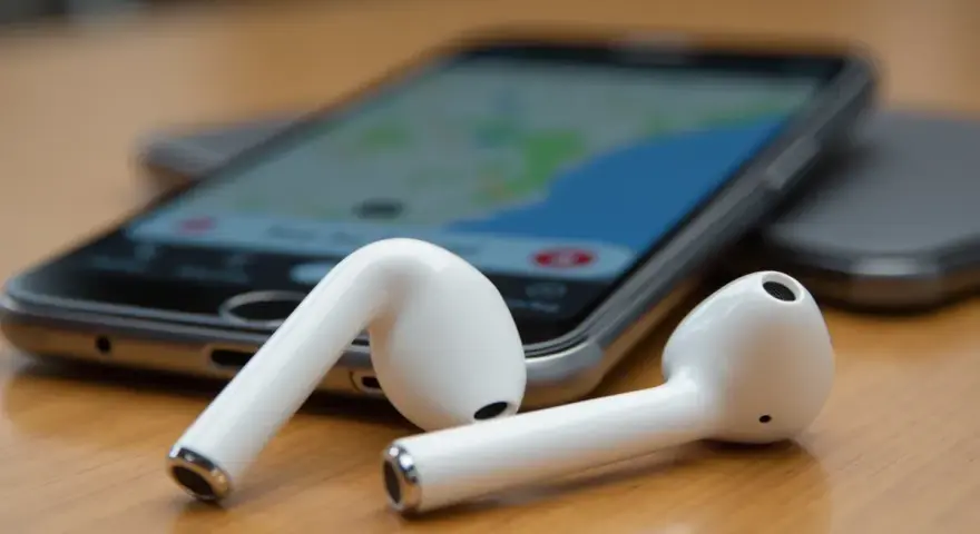 Białe słuchawki AirPods leżące obok smartfona z widoczną mapą.