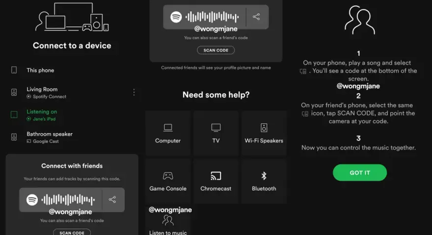 Ekran Spotify z kodem QR do połączenia z przyjaciółmi i instrukcjami słuchania muzyki razem.