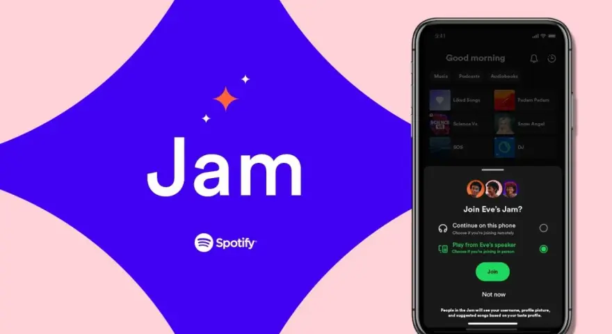 Telefon z aplikacją Spotify, na którym widać opcję dołączenia do "Jam" znajomych.