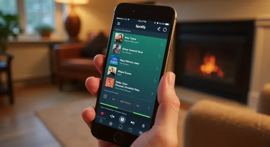 Dłoń trzyma smartfon z otwartą aplikacją Spotify, na ekranie widoczna lista utworów.