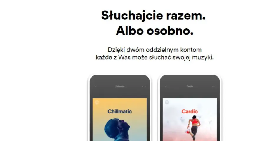 Dwa ekrany smartfonów z aplikacją muzyczną, jeden z portretem mężczyzny, drugi z biegaczką.