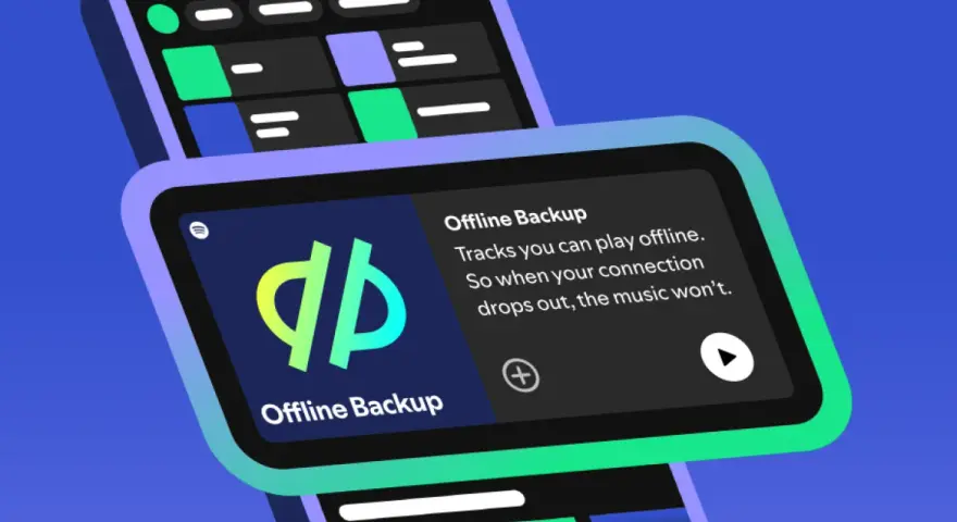 Dwa ekrany smartfonów z interfejsem Spotify, jeden z ikoną "Offline Backup".