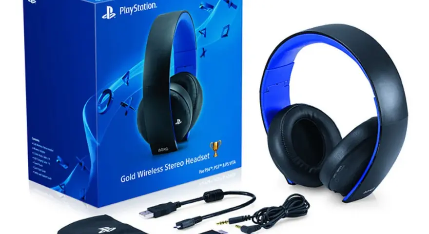 Zestaw słuchawkowy PlayStation Gold Wireless Stereo z pudełkiem i akcesoriami.