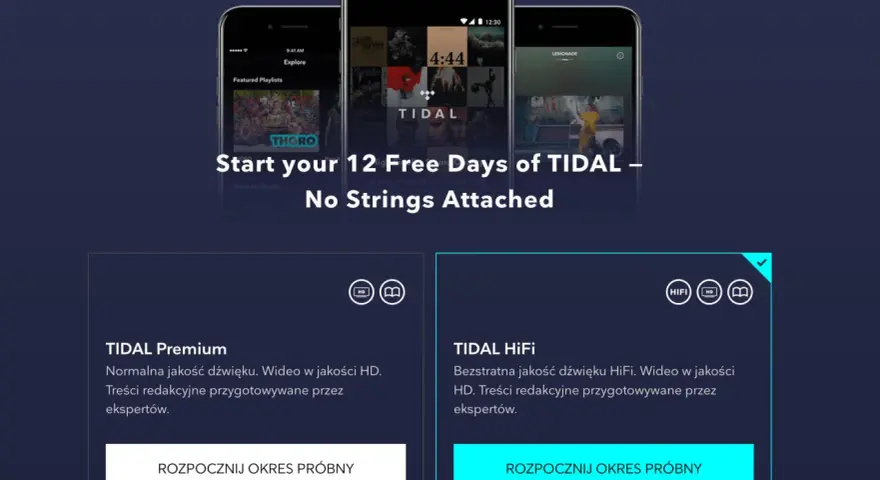 Trzy telefony z aplikacją TIDAL, oferta 12 darmowych dni i porównanie planów TIDAL Premium i HiFi.