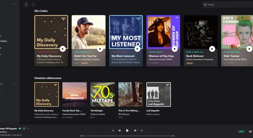 Okładki albumów i playlist w aplikacji TIDAL: My Daily Discovery, Conner Smith, My Most Listened, Women of Hip-Hop, Rock Believer, Kids' Corner.