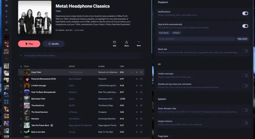 Okładka albumu zespołu Gojira z listą utworów i ustawieniami aplikacji Tidal.