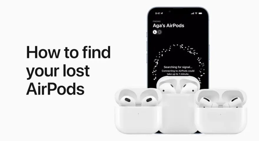 Trzy białe etui z otwartymi klapkami i słuchawkami AirPods, obok telefonu z aplikacją Znajdź.