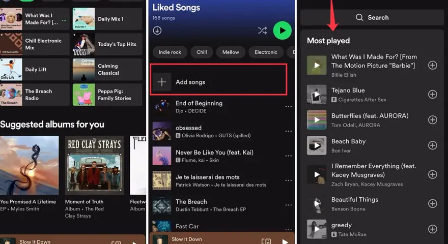 Ekran telefonu z aplikacją Spotify, pokazujący listę utworów i opcję dodawania.