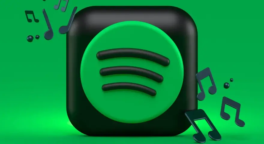Ikona Spotify otoczona nutami muzycznymi na zielonym tle.