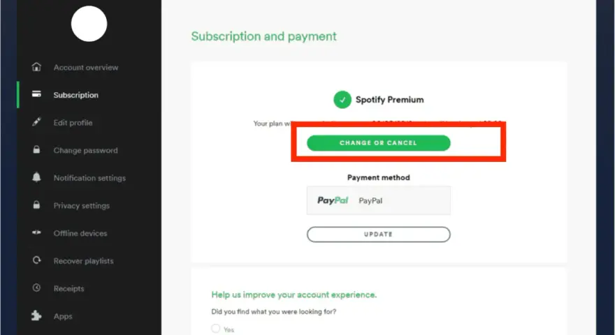 Ekran Spotify z zaznaczonym przyciskiem "Zmień lub anuluj" subskrypcję Premium.