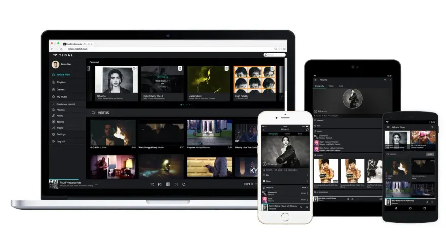 Ekran laptopa, tabletu i telefonu z interfejsem aplikacji muzycznej Tidal.
