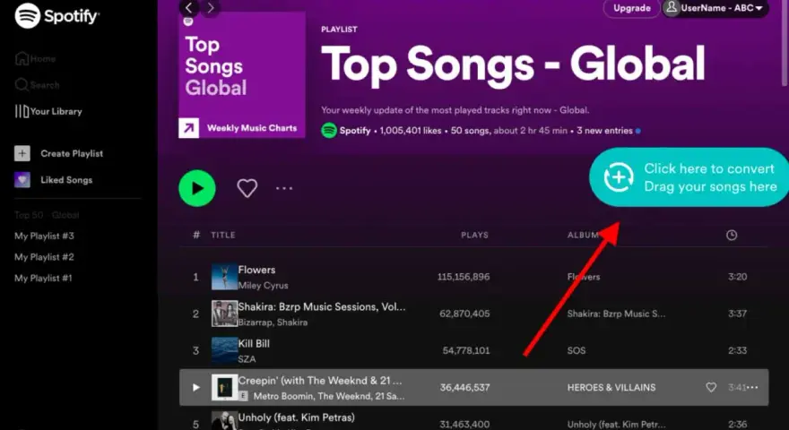 Spotify playlist "Top Songs - Global" z przyciskiem "Click here to convert Drag your songs here".