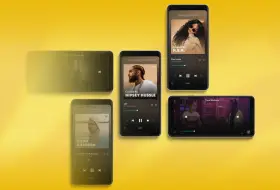 Pięć smartfonów z interfejsem aplikacji muzycznej Tidal na żółtym tle.